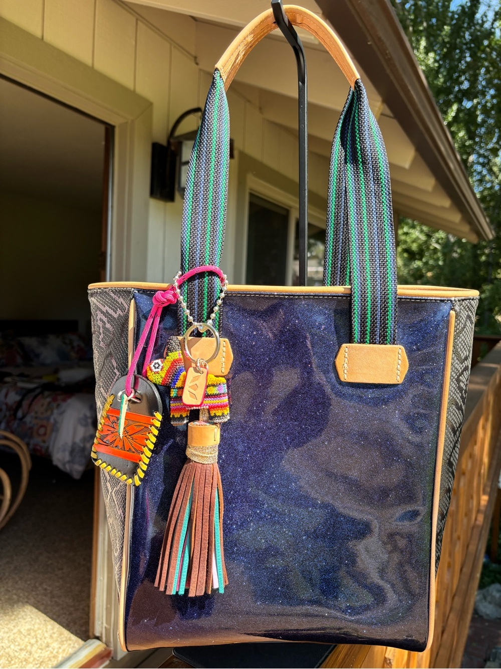 Consuela Navy Blue Glitter Tote Bag with Tassel and multiple Charms